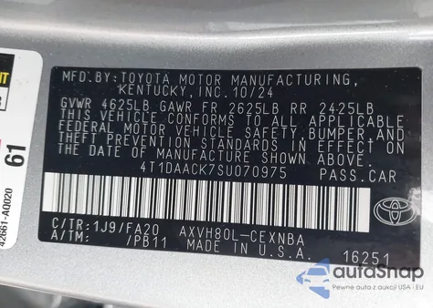 2025 Toyota Camry Le из США, поврежденный, VIN 4T1DAACK7SU070975